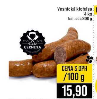 Vesnická klobása 4 ks bal cca 800 g 100g