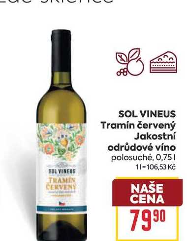 SOL VINEUS Tramín červený Jakostní odrůdové víno polosuché, 0,75l