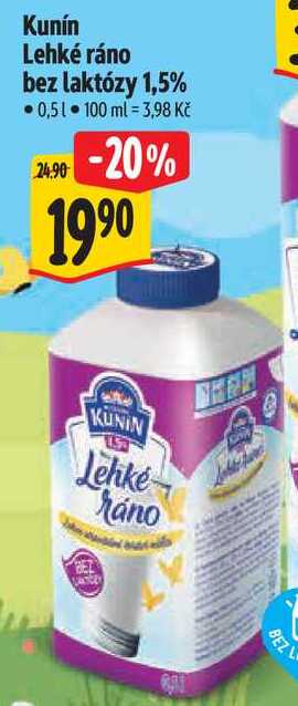 Kunín Lehké ráno bez laktózy 1,5%, 0,5 l