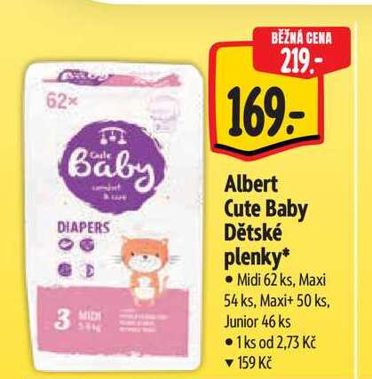 Albert Cute Baby Dětské plenky Midi 62 ks, Maxi 54 ks, Maxi+ 50 ks, Junior 46 ks