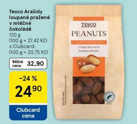 Tesco Arašídy loupané pražené v mléčné čokoládě, 120 g