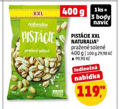PISTÁCIE XXL NATURALIA pražené solené, 400 g 