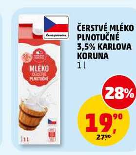 ČERSTVÉ MLÉKO PLNOTUČNÉ 3,5% KARLOVA KORUNA, 1 l
