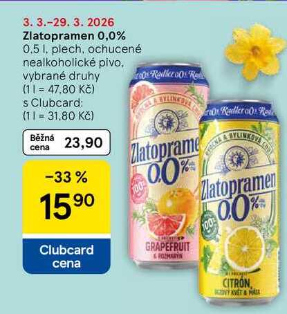 Zlatopramen 0,0%, 0,5 l, plech, ochucené nealkoholické pivo 