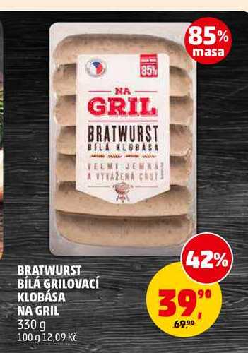 BRATWURST BÍLÁ GRILOVACÍ KLOBÁSA NA GRIL, 330 g
