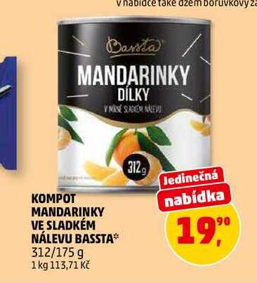KOMPOT MANDARINKY VE SLADKÉM NÁLEVU BASSTA, 312 g