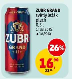 ZUBR GRAND světlý ležák plech, 0,5 l