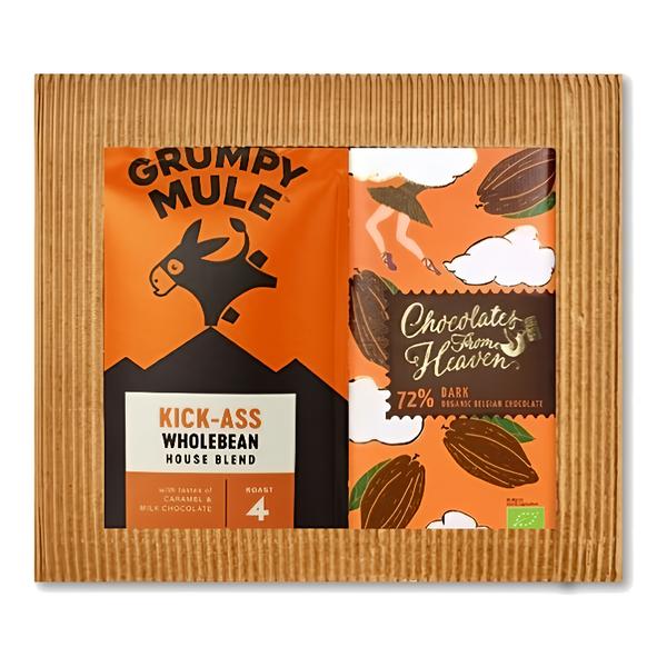 Grumpy Mule BIO dárkový balíček výběrové zrnkové kávy Arabica a hořké čokolády