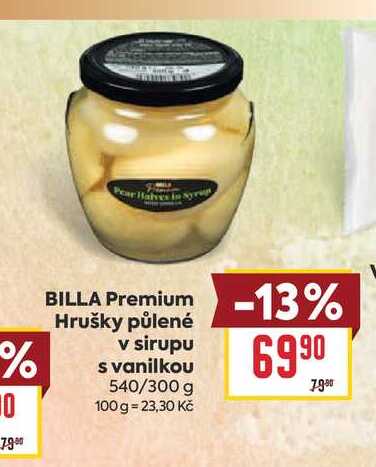 BILLA Premium Hrušky půlené v sirupu s vanilkou 540/300 g 
