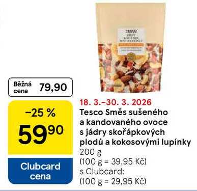 Tesco Směs sušeného a kandovaného ovoce s jádry skořápkových plodů a kokosovými lupínky, 200 g 