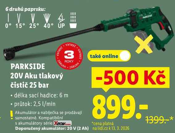 PARKSIDE 20V Aku tlakový čistič 25 bar