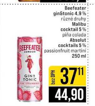 Beefeater gin&tonic 4,9% různé druhy Malibu cocktail 5% piña colada Absolut cocktails 5 % passionfruit martini 250 ml