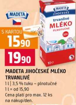 MADETA JIHOČESKÉ MLÉKO TRVANLIVÉ 3,5 % tuku plnotučné 1l