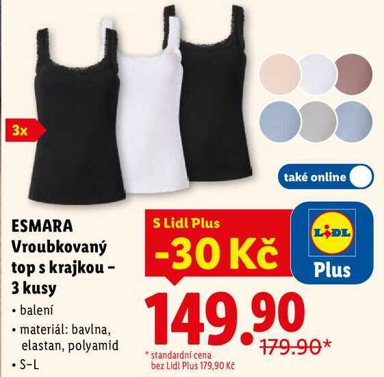 ESMARA Vroubkovaný top s krajkou - 3 kusy