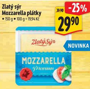 Zlatý sýr Mozzarella plátky, 150 g 