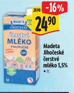 Madeta Jihočeské čerstvé mléko 1,5%, 1 l
