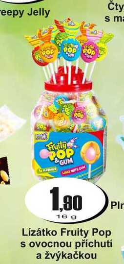 Lízátko Fruity Pop s ovocnou příchutí a žvýkačkou 16g