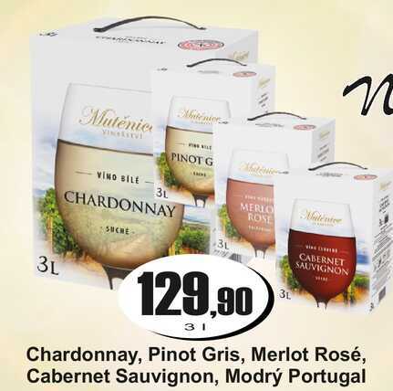 Chardonnay, Pinot Gris, Merlot Rosé, Cabernet Sauvignon, Modrý Portugal 3 l
