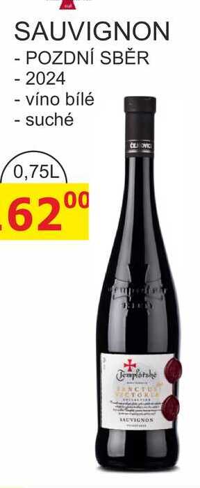 Templářské sklepy 0,75l SAUVIGNON, POZDNÍ SBĚR 2024, víno bílé - suché  