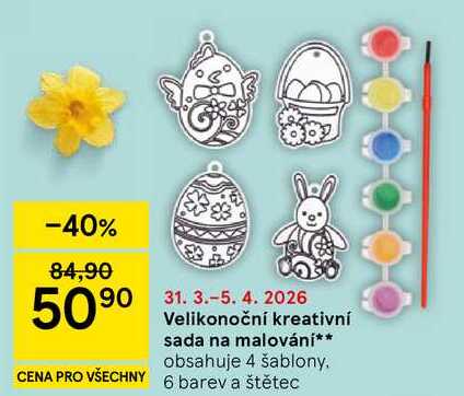 Velikonoční kreativní sada na malování, obsahuje 4 šablony, 6 barev a štětec 