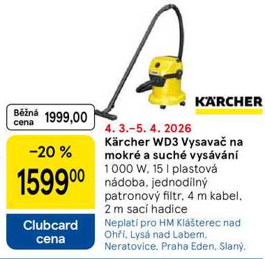 Kärcher WD3 Vysavač na mokré a suché vysávání, 1000 W. 15 I plastová nádoba, jednodílný patronový filtr, 4 m kabel. 2 m sací hadice