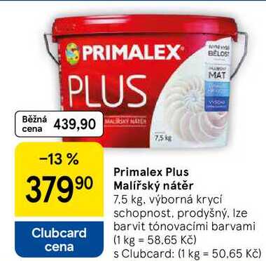 Primalex Plus Malířský nátěr, 7.5 kg, výborná krycí schopnost, prodyšný, Ize barvit tónovacími barvami 