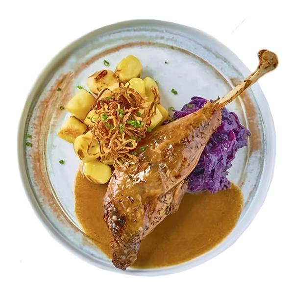 Cibule Bistro Kachní stehno s bramborovými špalíčky a červeným zelím