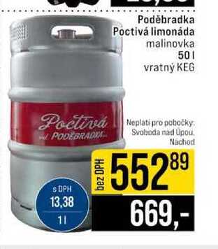 Poděbradka Poctivá limonáda malinovka 50l