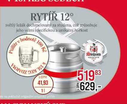 RYTÍŘ 12° světlý ležák dochmelovaný za studena 15l