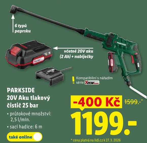 PARKSIDE 20V Aku tlakový čistič 25 bar