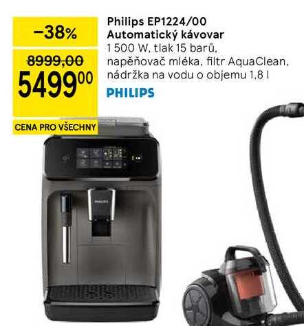 Philips EP1224/00 Automatický kávovar, 1500 W, tlak 15 barů. napěňovač mléka, filtr AquaClean. nádržka na vodu o objemu 1.8 l