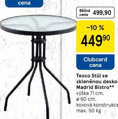 Tesco Stůl se skleněnou desko Madrid Bistro, výška 71 cm. Ø 60 cm. kovová konstrukce max. 50 kg