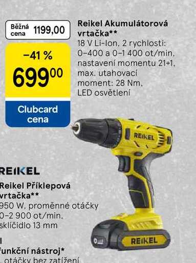 Reikel Akumulátorová vrtačka, 18 V Li-Ion, 2 rychlosti: 0-400 a 0-1 400 ot/min. nastavení momentu 21+1, max. utahovací moment: 28 Nm. LED osvětlení  