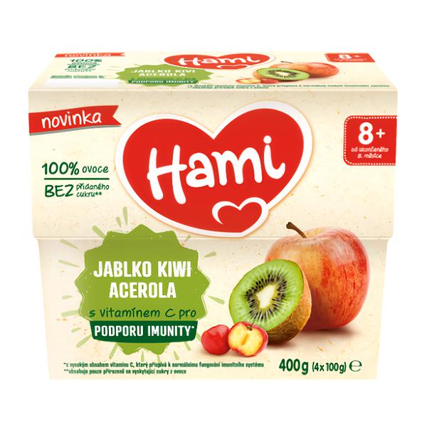 Hami Ovocný příkrm, 100 % ovoce, jablko kiwi a acerola, 4x 100g