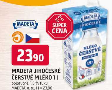 MADETA JIHOČESKÉ ČERSTVÉ MLÉKO 1l polotučné, 1,5 % tuku 