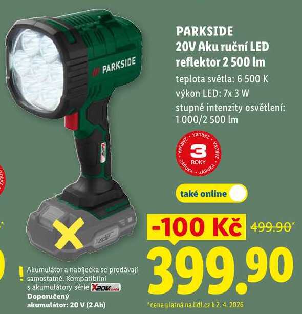 PARKSIDE 20V Aku ruční LED reflektor 2 500 Im