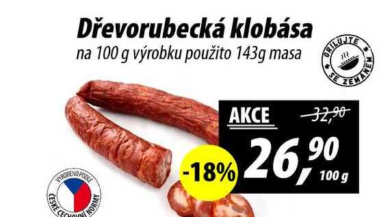 NORMY Dřevorubecká klobása na 100 g výrobku použito 143g masa, 100 g