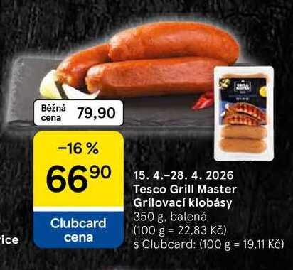 Tesco Grill Master Grilovací klobásy, 350 g, balená 