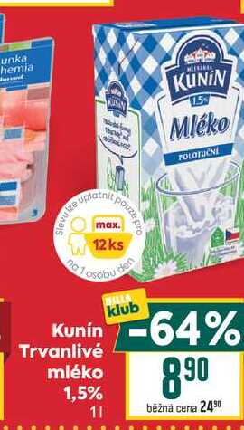 Kunín Trvanlivé mléko 1,5% 1l