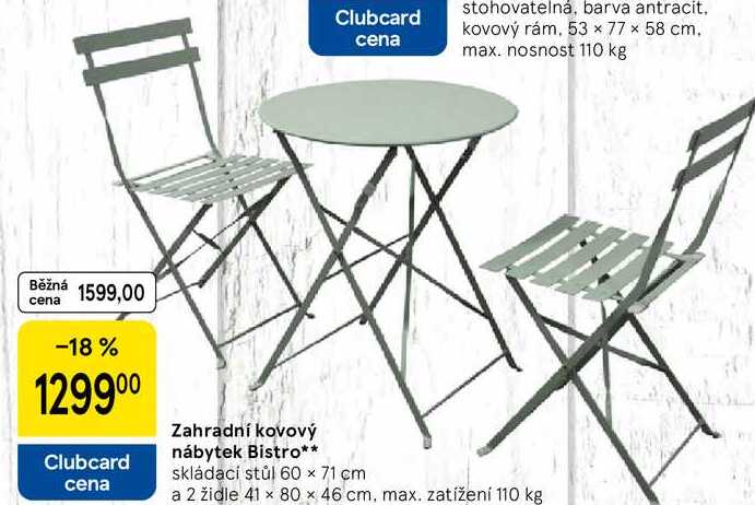 Zahradní kovový nábytek Bistro, skládací stůl 60 × 71 cm a 2 židle 41 x 80 x 46 cm, max. zatížení 110 kg