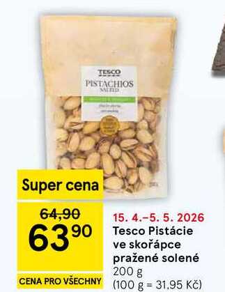 Tesco Pistácie ve skořápce pražené solené, 200 g  