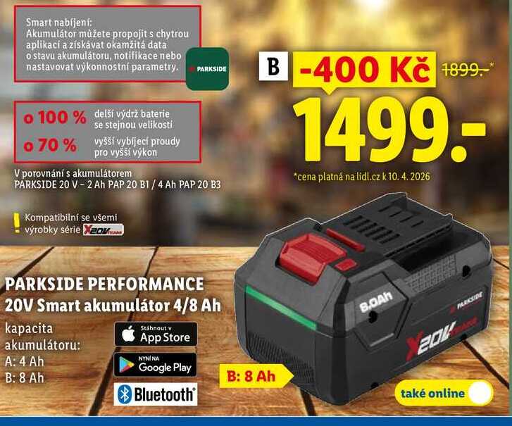 PARKSIDE PERFORMANCE 20V Smart akumulátor 4/8 Ah 