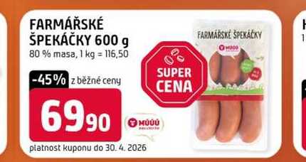 FARMÁŘSKÉ ŠPEKÁČKY 600 g 80% masa