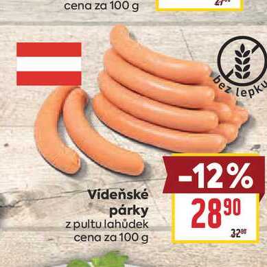 Vídeňské párky z pultu lahůdek cena za 100 g 