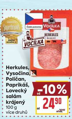 Herkules, Vysočina, Poličan, Paprikáš, Lovecký salám krájený 100 g 