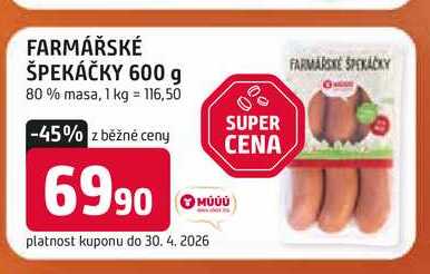 FARMÁŘSKÉ ŠPEKÁČKY 600 g 80% masa