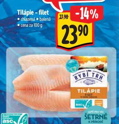 Tilápie - filet, cena za 100 g 