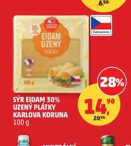SÝR EIDAM 30% UZENÝ PLÁTKY KARLOVA KORUNA, 100 g 