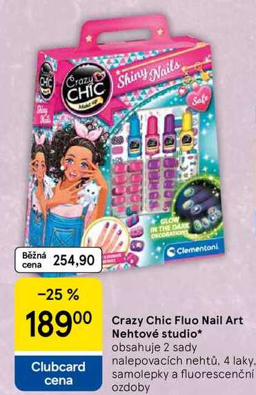 Crazy Chic Fluo Nail Art Nehtové studio, obsahuje 2 sady nalepovacích nehtů, 4 laky. samolepky a fluorescenční ozdoby 