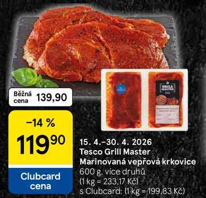 Tesco Grill Master Marinovaná vepřová krkovice, 600 g 